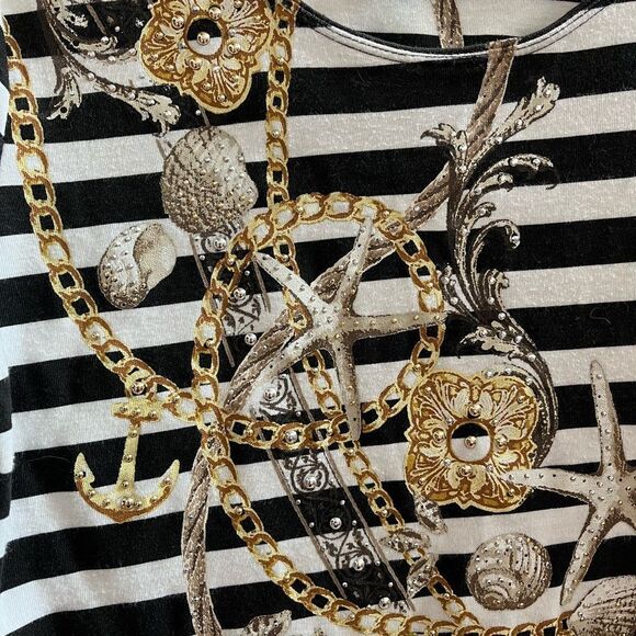 Rebecca Malone Black & White Stripe Seashell Embellished T-Shirt sz SP EUC - Picture 2 of 4